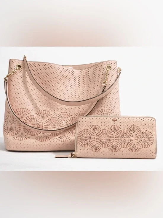 Tory Burch Perforated Leather Tote + Matching Wallet Set Blush Pink 2016 Bundle - Picture 1 of 14